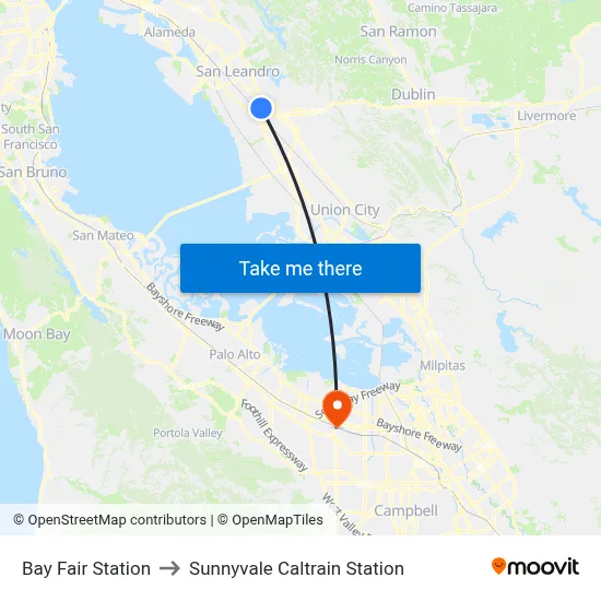 Bay Fair Station to Sunnyvale Caltrain Station map
