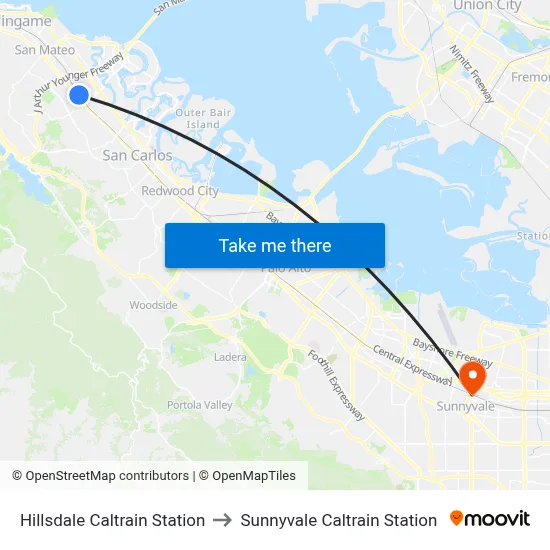 Hillsdale Caltrain Station to Sunnyvale Caltrain Station map
