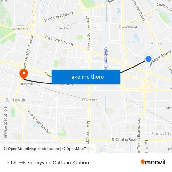 Intel to Sunnyvale Caltrain Station map