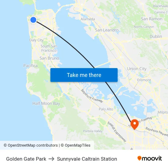 Golden Gate Park to Sunnyvale Caltrain Station map