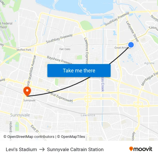Levi's Stadium to Sunnyvale Caltrain Station map