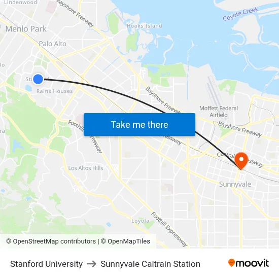 Stanford University to Sunnyvale Caltrain Station map