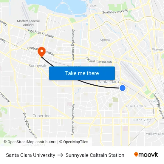 Santa Clara University to Sunnyvale Caltrain Station map