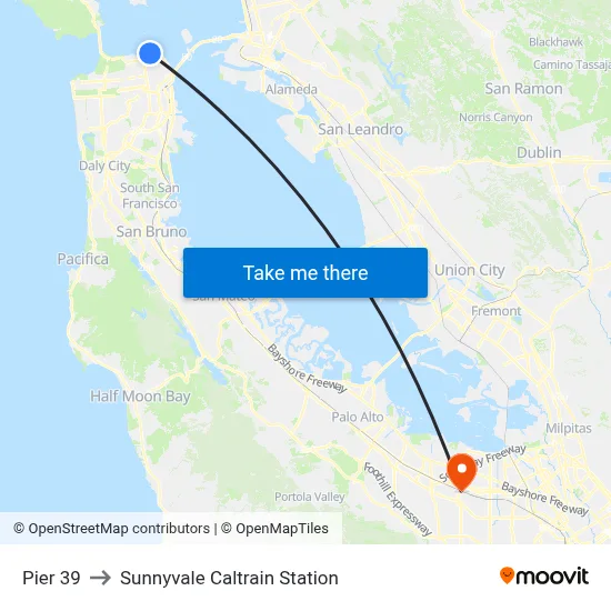 Pier 39 to Sunnyvale Caltrain Station map