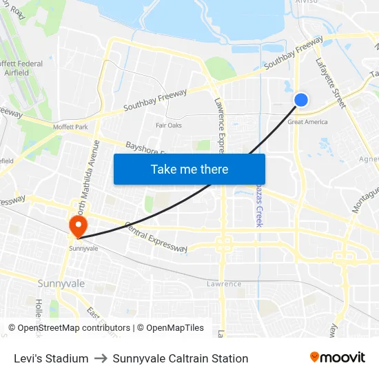 Levi's Stadium to Sunnyvale Caltrain Station map