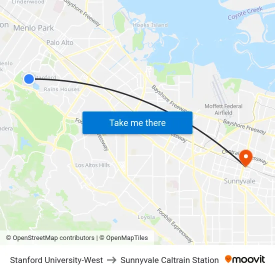Stanford University-West, 355 Galvez St to Sunnyvale Caltrain Station map