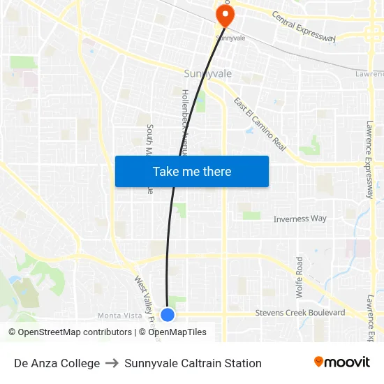 De Anza College, 21250 Stevens Creek Blvd to Sunnyvale Caltrain Station map