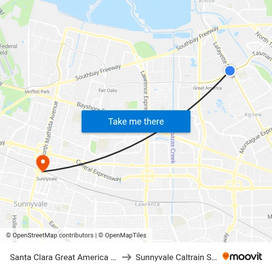 Santa Clara Great America Station to Sunnyvale Caltrain Station map