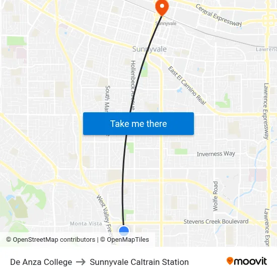 De Anza College to Sunnyvale Caltrain Station map