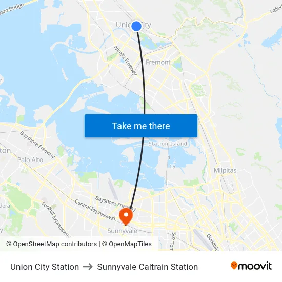 Union City Station to Sunnyvale Caltrain Station map