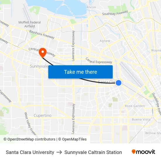 Santa Clara University to Sunnyvale Caltrain Station map