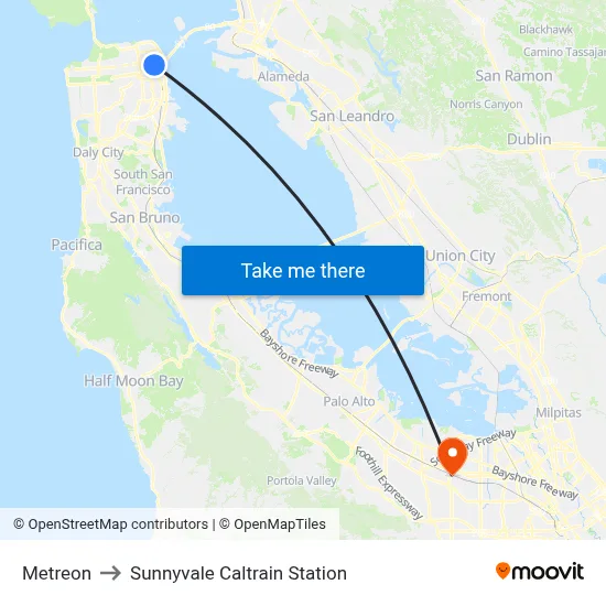 Metreon to Sunnyvale Caltrain Station map