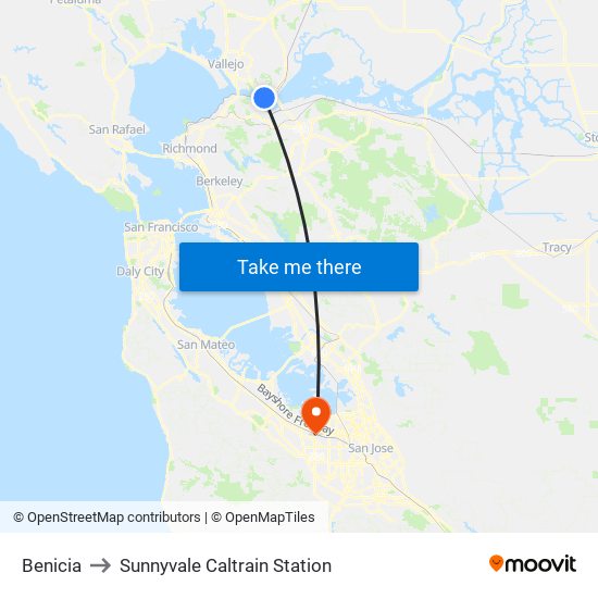Benicia to Sunnyvale Caltrain Station map
