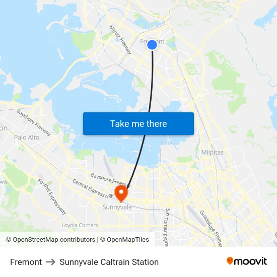 Fremont to Sunnyvale Caltrain Station map