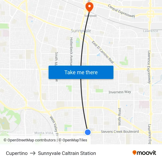Cupertino to Sunnyvale Caltrain Station map