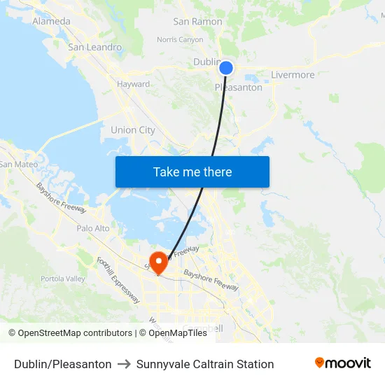 Dublin/Pleasanton to Sunnyvale Caltrain Station map