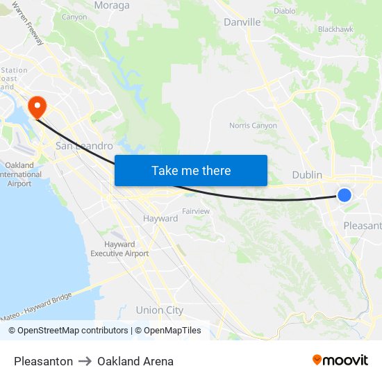 Pleasanton to Oakland Arena map