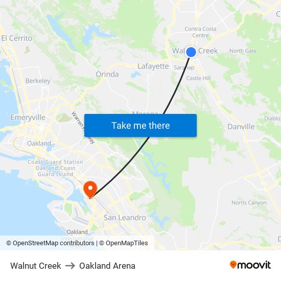 Walnut Creek to Oakland Arena map