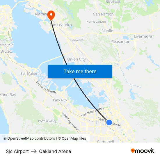 Sjc Airport to Oakland Arena map