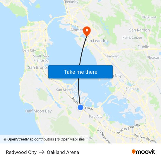 Redwood City to Oakland Arena map