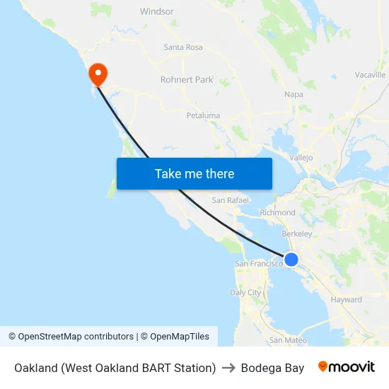 Oakland (West Oakland BART Station) to Bodega Bay map