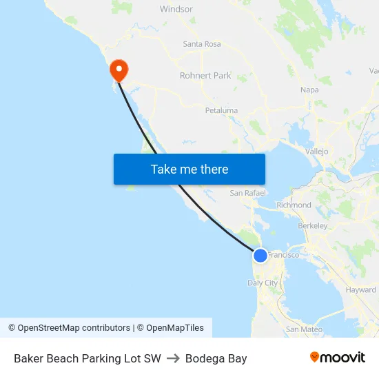 Baker Beach Parking Lot SW to Bodega Bay map