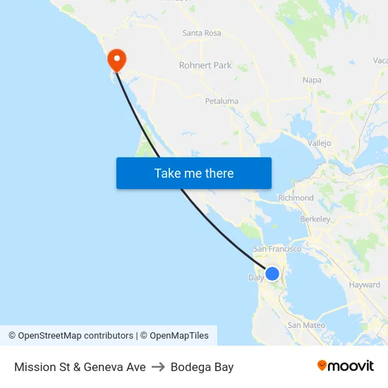 Mission St & Geneva Ave to Bodega Bay map