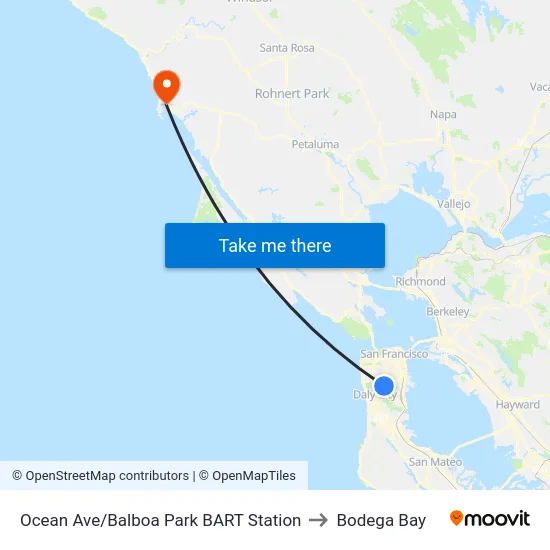 Ocean Ave/Balboa Park BART Station to Bodega Bay map
