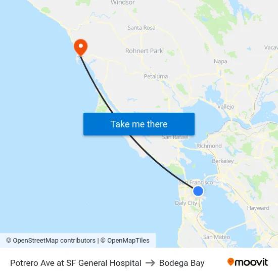 Potrero Ave at SF General Hospital to Bodega Bay map