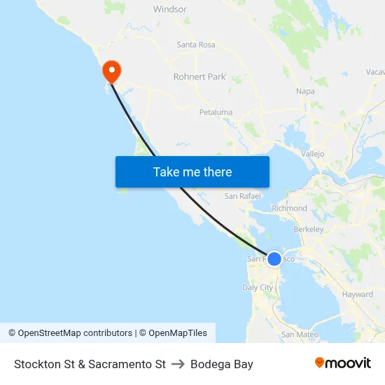 Stockton St & Sacramento St to Bodega Bay map