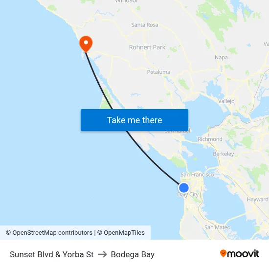 Sunset Blvd & Yorba St to Bodega Bay map