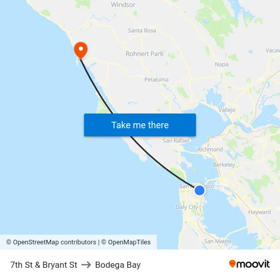 7th St & Bryant St to Bodega Bay map