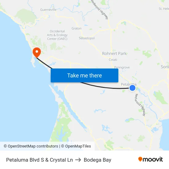 Petaluma Blvd S & Crystal Ln to Bodega Bay map