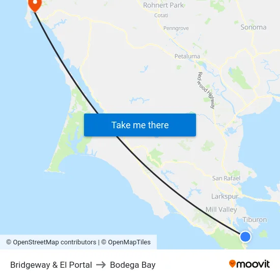 Bridgeway & El Portal to Bodega Bay map