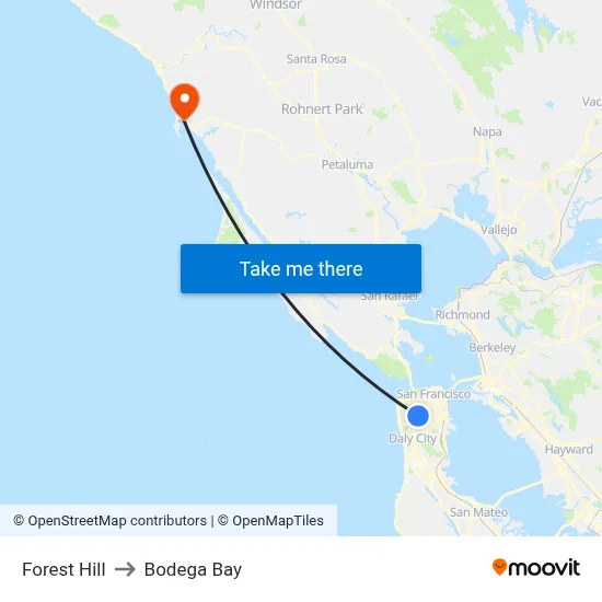 Forest Hill to Bodega Bay map