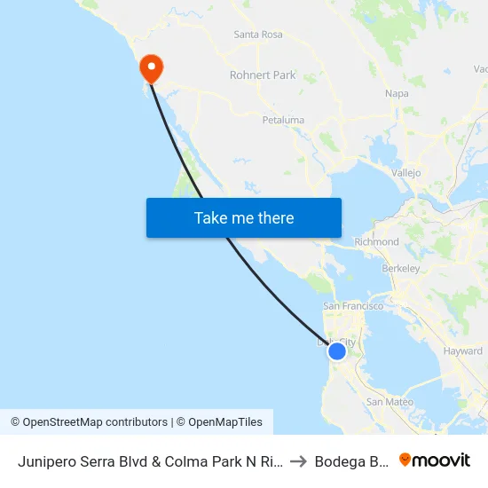 Junipero Serra Blvd & Colma Park N Ride to Bodega Bay map