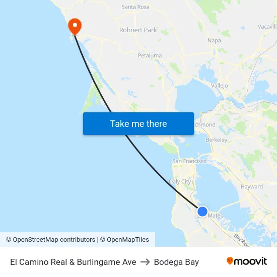 El Camino Real & Burlingame Ave to Bodega Bay map