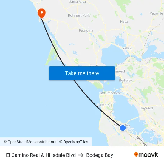 El Camino Real & Hillsdale Blvd to Bodega Bay map