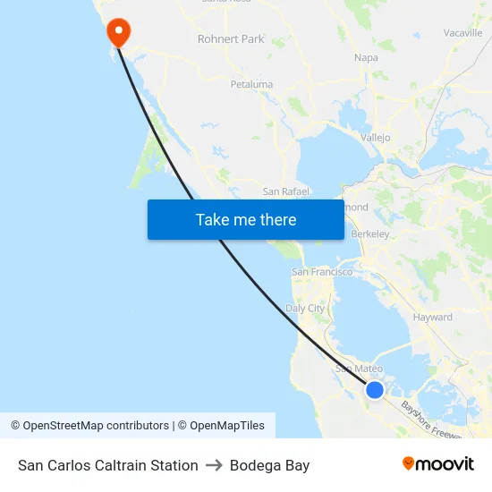 San Carlos Caltrain Station to Bodega Bay map