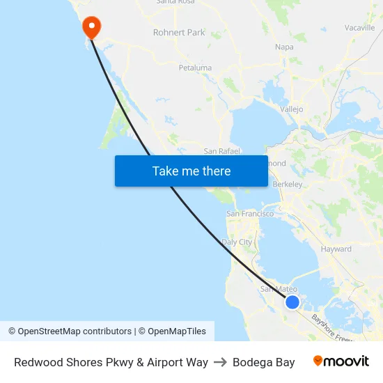Redwood Shores Pkwy & Airport Way to Bodega Bay map
