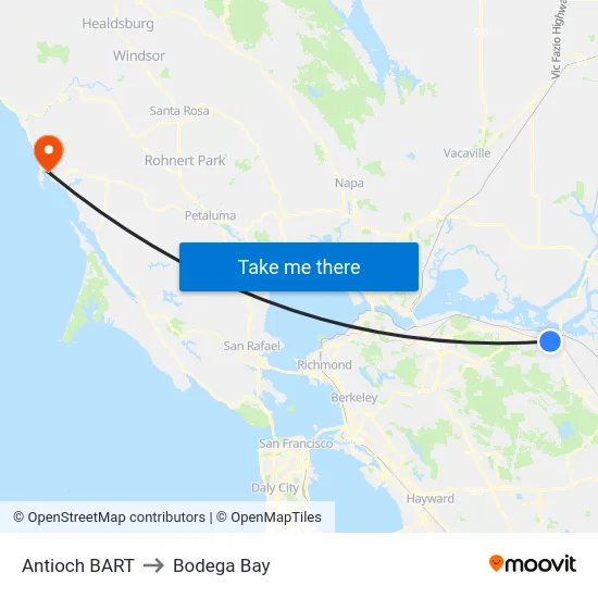 Antioch BART to Bodega Bay map