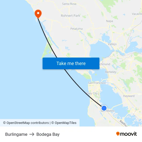 Burlingame to Bodega Bay map