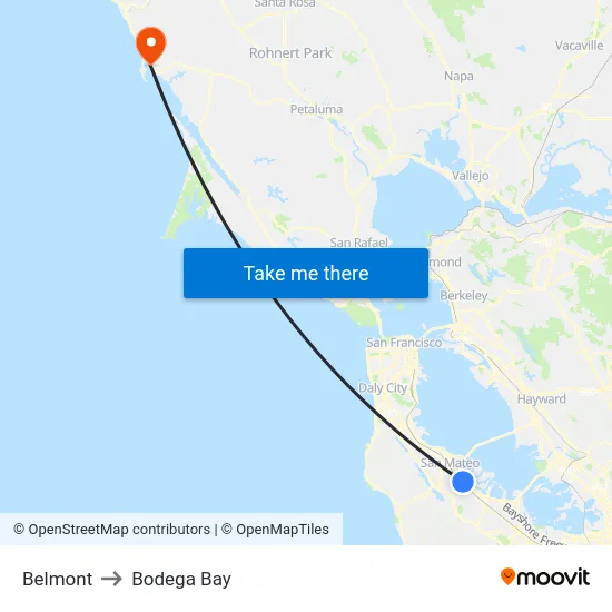 Belmont to Bodega Bay map