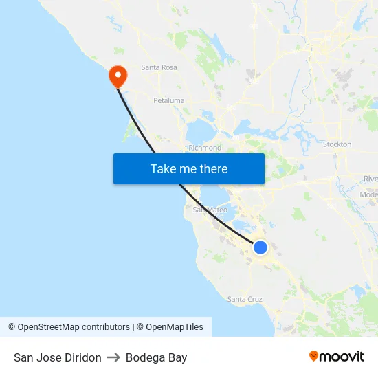San Jose Diridon to Bodega Bay map