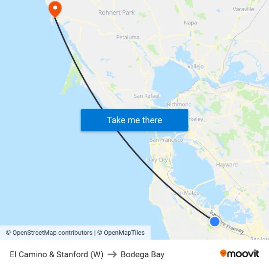 El Camino & Stanford (W) to Bodega Bay map