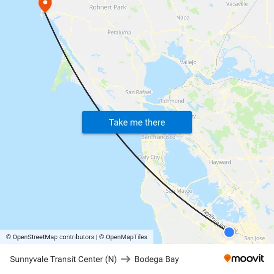 Sunnyvale Transit Center (N) to Bodega Bay map