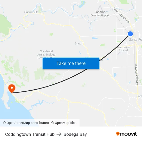 Coddingtown Transit Hub to Bodega Bay map