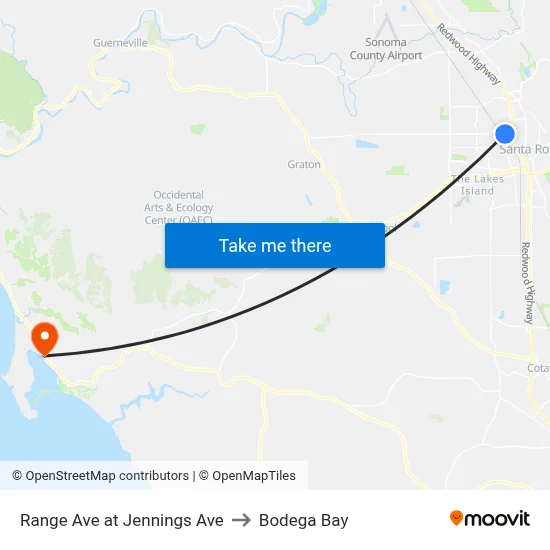 Range Ave at Jennings Ave to Bodega Bay map