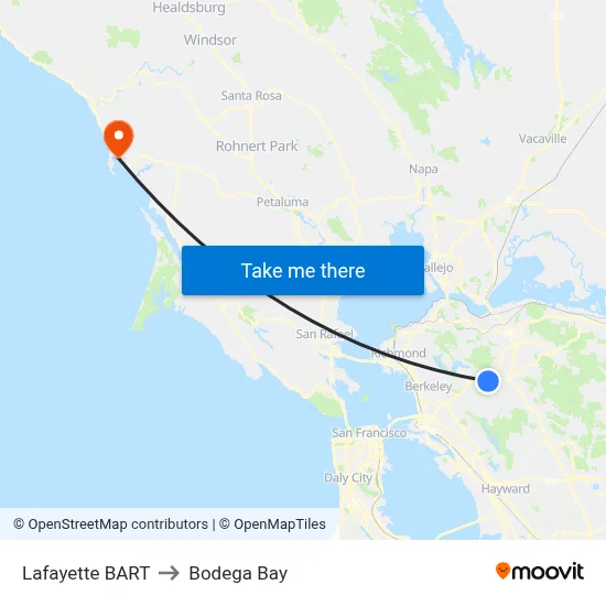 Lafayette BART to Bodega Bay map