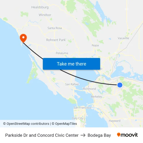 Parkside Dr and Concord Civic Center to Bodega Bay map